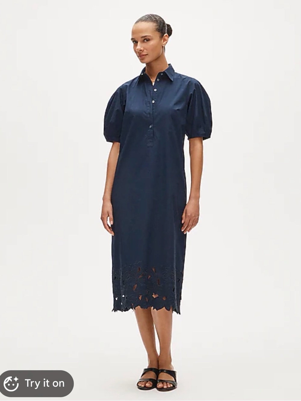 J. Crew A-line Button up Poplin Short-Sleeve Shirt Dress with Embroidered Hem - Picture 2 of 7